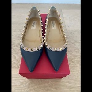 VALENTINO Rockstud Leather Flats Navy Blue 5.5